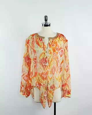 Chico's Orange Yellow 1/4 Button Sequined Sheer Blouse Women's Size 3 • $19.99