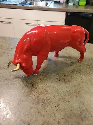 Beautiful Vintage Mid Century Modern Red Ceramic Bull Figurine 14  Long • $75