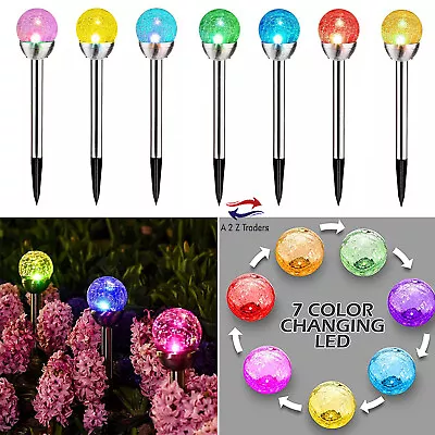 Solar Powered Stainless Steel 7 Colour Changing LED Crackle Ball Garden Lights • £24.95