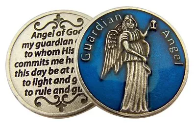 Blue Enamel Guardian Angel Pocket Token With Prayer 1 1/8 Inch • $9.37