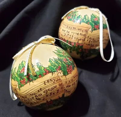 Set Of 2 SHEET MUSIC Ball Christmas Ornaments Paper Mache Decoupage Notes Staff • $12