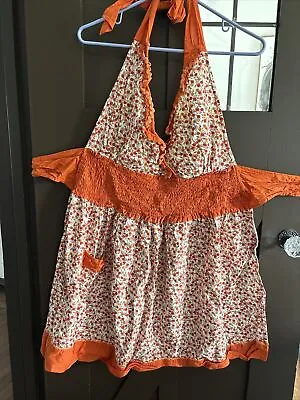 Vintage Full Apron Orange Floral Print Ruffles Smocked Rik Rak • $9.99