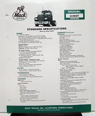 1985 Mack Truck Model U 600T Specification Sheet • $15.21