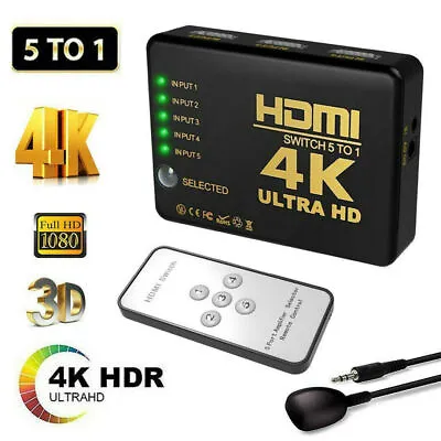 4K HDMI Switch Switcher Selector 5 Port Splitter Hub IR Remote For HDTV PS3 UK • £7.99