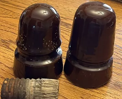 QTY 2 VINTAGE BROWN GLAZE PORCELAIN INSULATORS  W Wood Holders  ~ 3.5   See Pics • $19.75