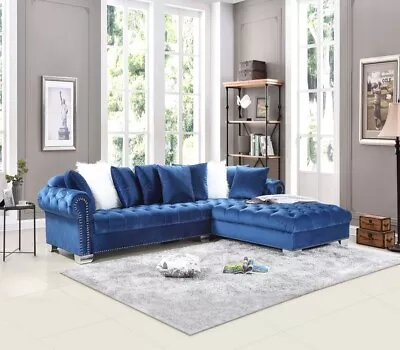 NEW 123  Contemporary Sectional Sofa Chaise Modern Upholstered Blue Velvet Set • $1949.99