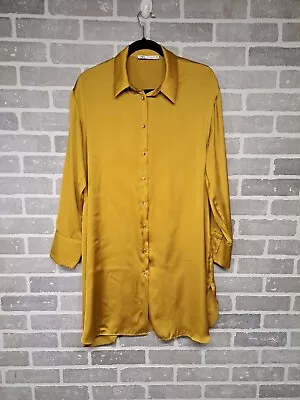 Zara Mustard Yellow Gold Button Satin Women Tunic Shirt Size Large Casual • $25