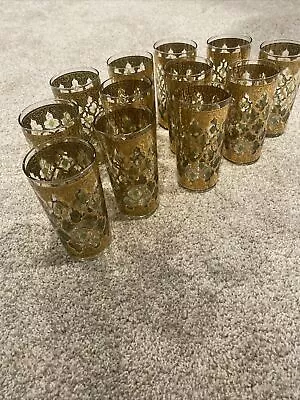 CULVER VALENCIA MCM Gold & Green Decorated High Ball Glassware Bar 6” Set Of 12 • $119.99