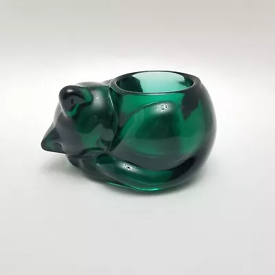 Vintage Indiana Glass Emerald Green Sleeping Cat Votive Tea-light Candle Holder • $12.99