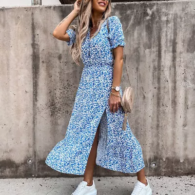 £11.89 • Buy Womens Boho V-Neck Floral Midi Dress Summer Short Sleeve Beach Party Sundress