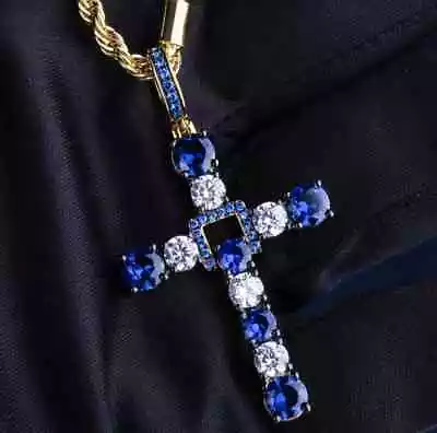 2.48 Ct Blue Sapphire Cubic Zirconia Men's Cross Pendant Free Chain 925 Silver • $105.74