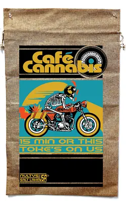 CAFE CANNABIS MOTORCYCLE BURLAP BAG #67 SACK Art Weed Vintage Bike Skeleton • $27.24