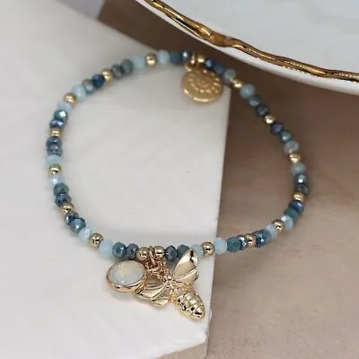 £12.99 • Buy POM Blue Bead Bracelet With Gold Bee Charm And Crystal Charm - Free Gift Bag
