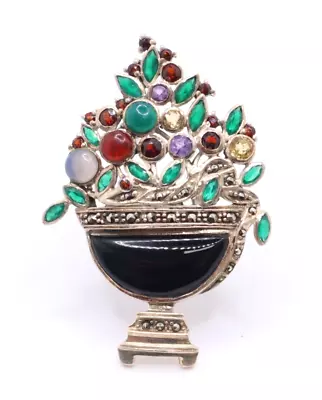 Sterling Silver 925 Multicolor Gemstone Flower Vase Pot Vintage Pin Brooch • $89.99