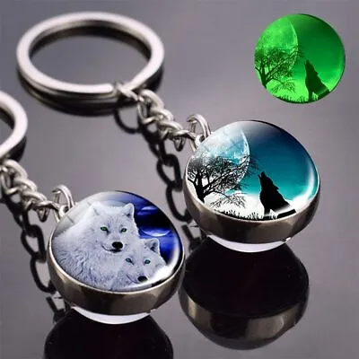 Wolf Key Chain Pendant Wolf And Moon Keying Double Side Glass Ball Glow Keychain • $10.99