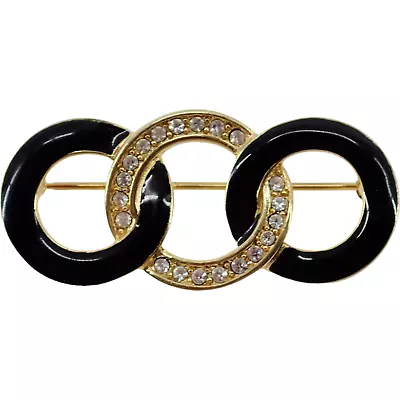 Monet 3 Ring Bar Pin Brooch Gold Tone Black Enamel Women's Fashion Jewelry Vtg • $8.99