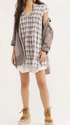 Free People X CP Shades River Plaid Linen Tunic Mini Dress  Blue Women’s Small • $84.95