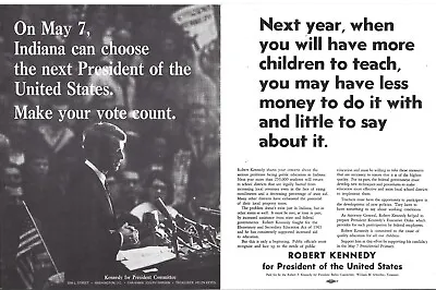 Pair Of 1968 Robert Kennedy Indiana Primary Student Voters Fliers/ Hand-Outs • $8