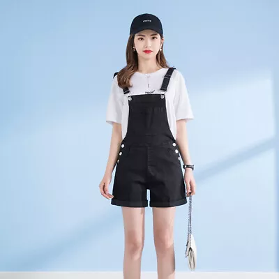 Shorts Women Denim Jean Mid Rise Dark Wash Boyfriend Black Suspender Strap • $26.99