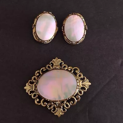 Whiting & Davis Signed Parure Brooch & Earrings Mother Of Pearl Filagree Gold • $42.46