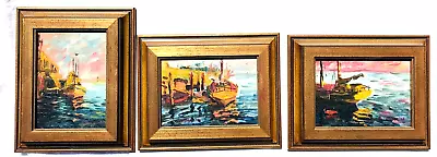 Three Marco Sassone Boats Dock Harbor Sunset Impressionist Landscape Paintings • $750