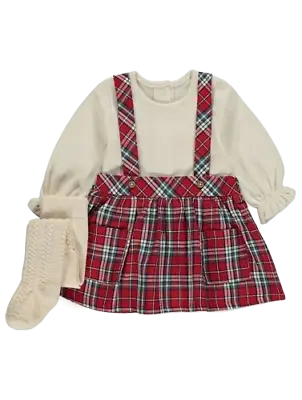 Baby Girls Dress Set Tartan Dress Cream Long Sleeve Bodysuit Tights • £9.45