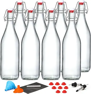 $59.22 • Buy 8 Pack, 33 Oz (1 Liter) Swing Top Glass Bottles With Airtight Stopper Lids – Fli
