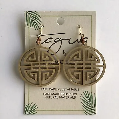 NEW Matte Gold Medallion Earrings Tagua Nut Open Work Asian-Style Lightweight • $14.36