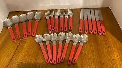 Vintage MIC STAINLESS STEEL JAPAN Red Handle Flatware 24 Pieces Picnic Ware • $14.99