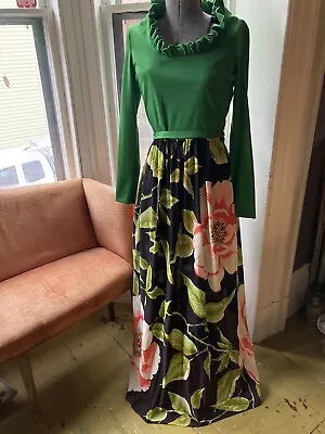 Vtg 70s Boho Hippie Floral Green Designer Hostess Maxi Dress Psychedelic Sz S • $42