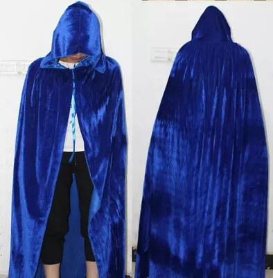 170CM Adult Blue Long Hooded Velvet Cloak Halloween Medieval Pagan Witch Cape • £6.59