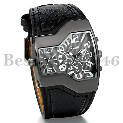 Military Dual Time Zone Irregular Dial Leather Band Men Sport Quartz Wrist Watch • $17.99