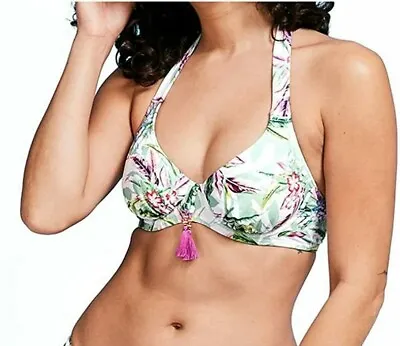 Figleaves Vintage Palm Underwired Non Padded Halter Bikini Top Size 32DD Green  • £13.99