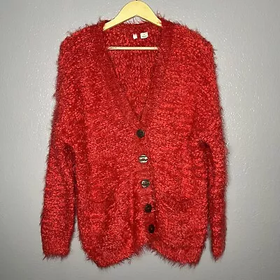 Anthropologie Moth Red Fuzzy Button Front Cardigan Sweater Size Medium • $35