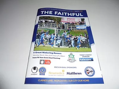 2024 FA VASE SEMI FINAL WORCESTER CITY V  GREAT WAKERING ROVERS PROGRAMME • £8.99