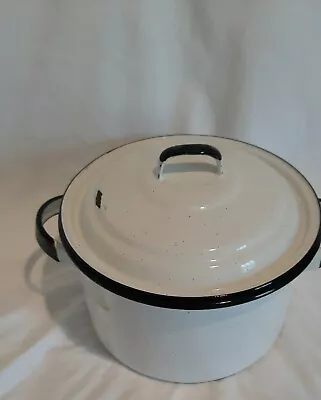 Vintage White And Black Enamelware Stock Pot W/lid 9 X5 Inches  • $11.95