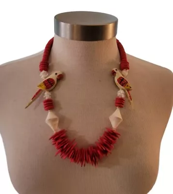 Vintage Tropical Bird Parrot Macaw Wood Shell Beaded Necklace Red White • $31.99