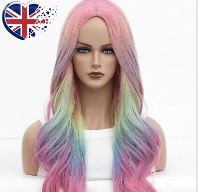 Women's Ombre Lolita Rainbow Pink Purple Blue Long Wave Mixed Wig Heat Safe • £45
