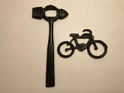 Cast Iron Antique Style Rustic Bicycle & Hammer Beer Bottle Opener Soda Lot Of 2 • $12