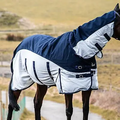 600D 2 In Waterproof 1 Fly Turnout Mesh Horse Rug Fixed Neck Navy/Silver 5'6-6'9 • £34.97