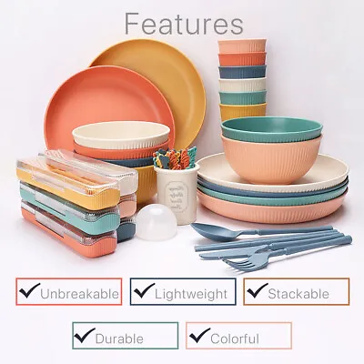 $41.69 • Buy 60pcs Wheat Straw Dinnerware Sets Unbreakable Plates Bowls Cups For Camping BBQ