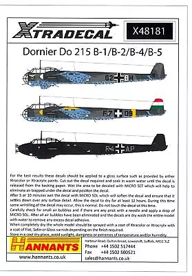 Xtra Decals 1/48 DORINER Do-215B-1 B-2 B-4 Or B-5 German WWII Bomber • $13.50