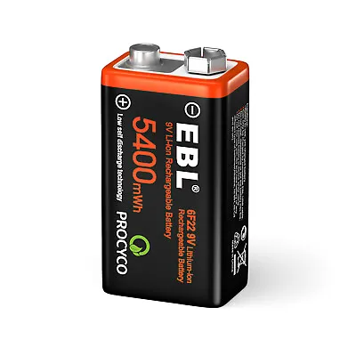 1 Pack EBL USB Rechargeable 9V LI-ion Batteries 5400mWh 6F22 9-Volt Battery • $3.07