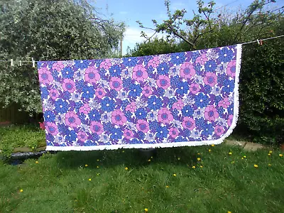 Retro 70's Fringed Double Bedspread M & S Cotton Blue Purple Floral VGC Bargain • £40