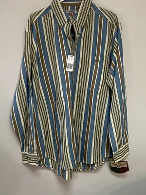 NWT Wrangler Rugged Wear Mens Shirt Denim Striped Blue Green Sz Large 16-16.5 • $29.95