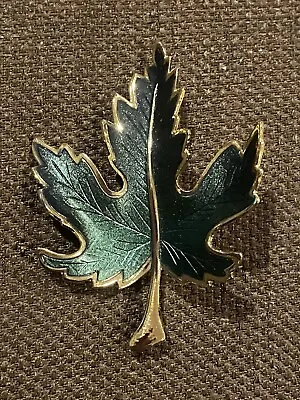 Vintage Maple Leaf Green Black Enamel Gold Pin Brooch 2 1/4” • $11