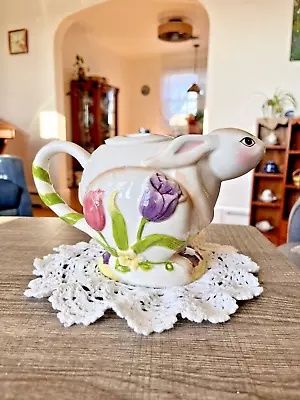 Pretty Bella Casa By Ganz Bunny Rabbit And Tulips 6 Cup Easter Spring Teapot • $19.50