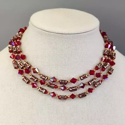 Glass Beaded Necklace Vtg Red Bicone Gold Tone Filigree Tube Beads Choker 15.5  • $28