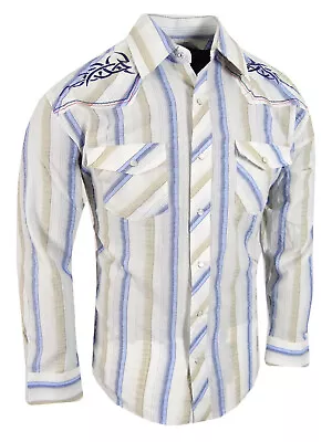 Mens Western Shirt Plaid Stripe Embroidered Cowboy Pockets Snap Up Rodeo • $27.95