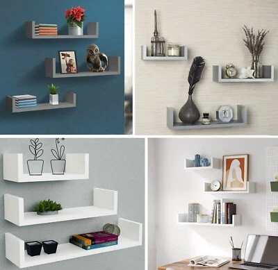 £10.45 • Buy U Shaped Floating Shelve Wall Mounted Display Set Of 3 Wooden Storage Shelf Unit